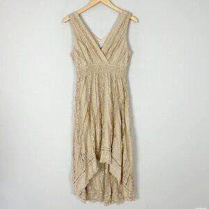Vintage Y2K Beige Lace Ruffle Hi-Low V-Neck Dress